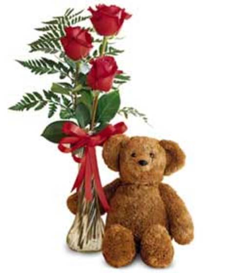 Triple Rose Vase & Teddy Bear